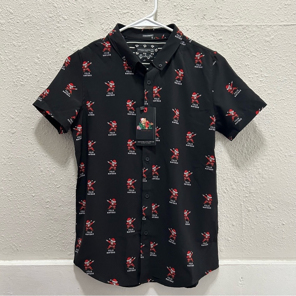 Denim & Flower Boys Christmas "Feliz Navidad" Dabbing Santa BD Shirt NWT 13/14